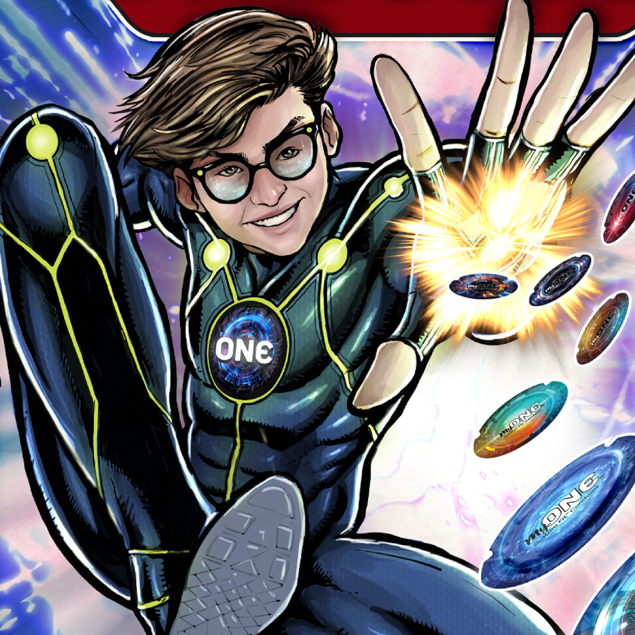 close up of super hero image shooting condoms from hand.