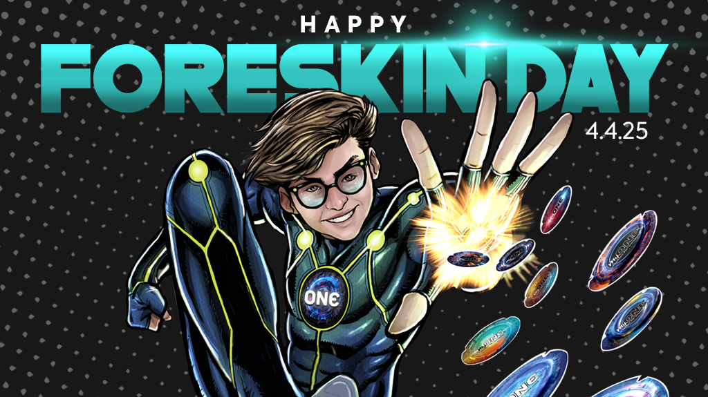 Image on a background with the same Cosmo cartoon with the flying round condom wrapperes. Text says FORESKIN DAY 4.4.25