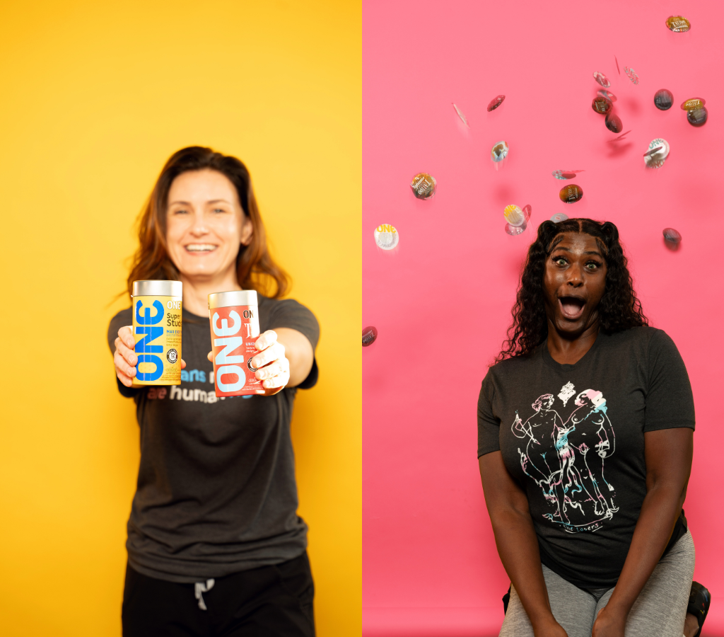 Two photos next to each other. On the left side is a person on a yellow background; this person has a condom tube that says ONE in hands. On the right side, there is another image of a smiling person against a pink background, with round ONE Condoms thrown behind them.