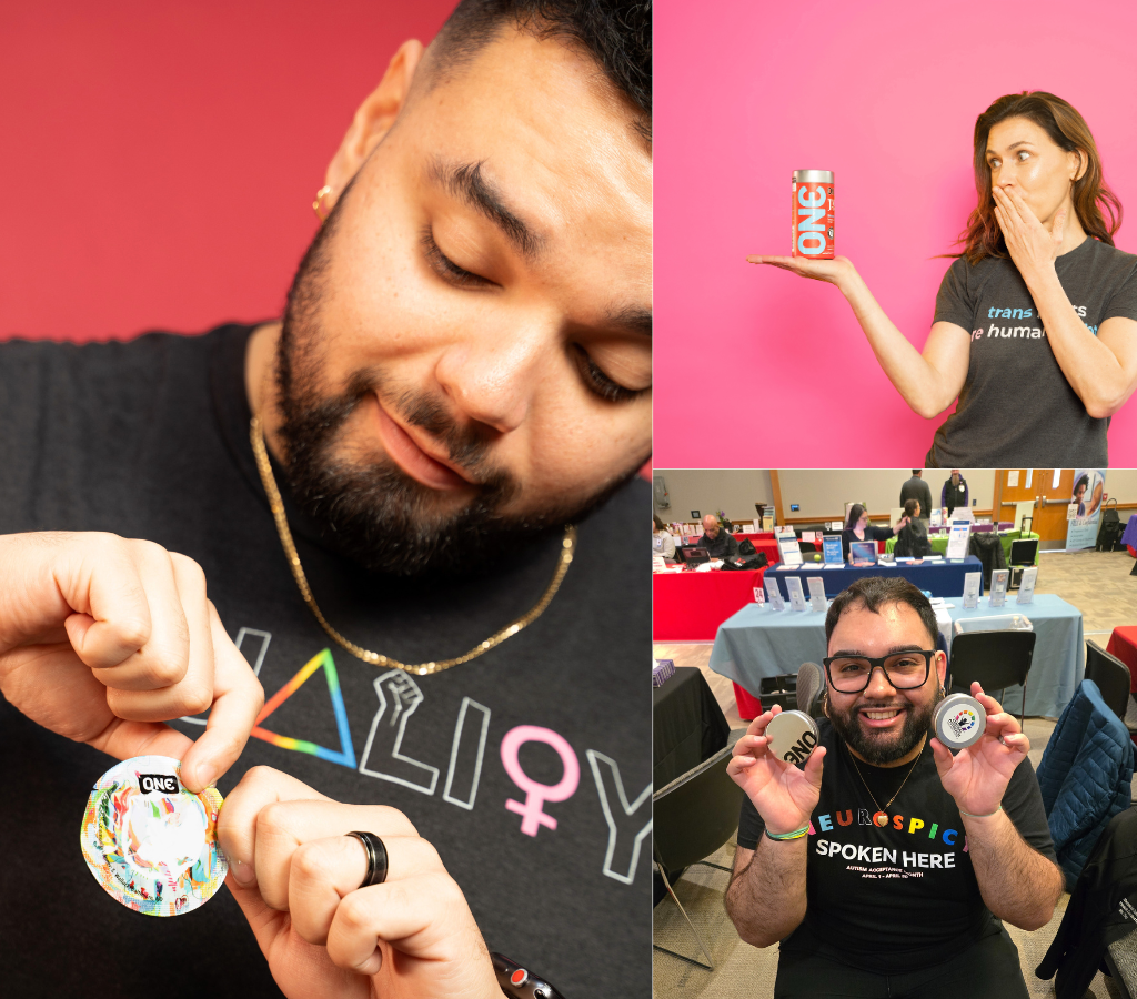 Central Outreach wellness center. Three images showing a man opening a round ONE condoms wrapper, another photo with a woman holding up a red condom container, and a third photo showing a person who is holding up silver, round condom tins.