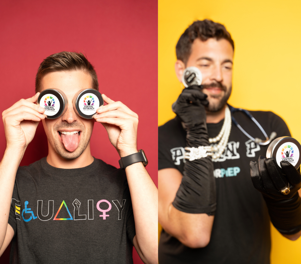 Two photos next to each other. The person on the left is holding up circular silver condom causes with the Central Outreach logo in front of their eyes. The image on the right shows a person holding up the same silver condom case, plus a Move 3ml silicone lubricant wrapper in their other hand.