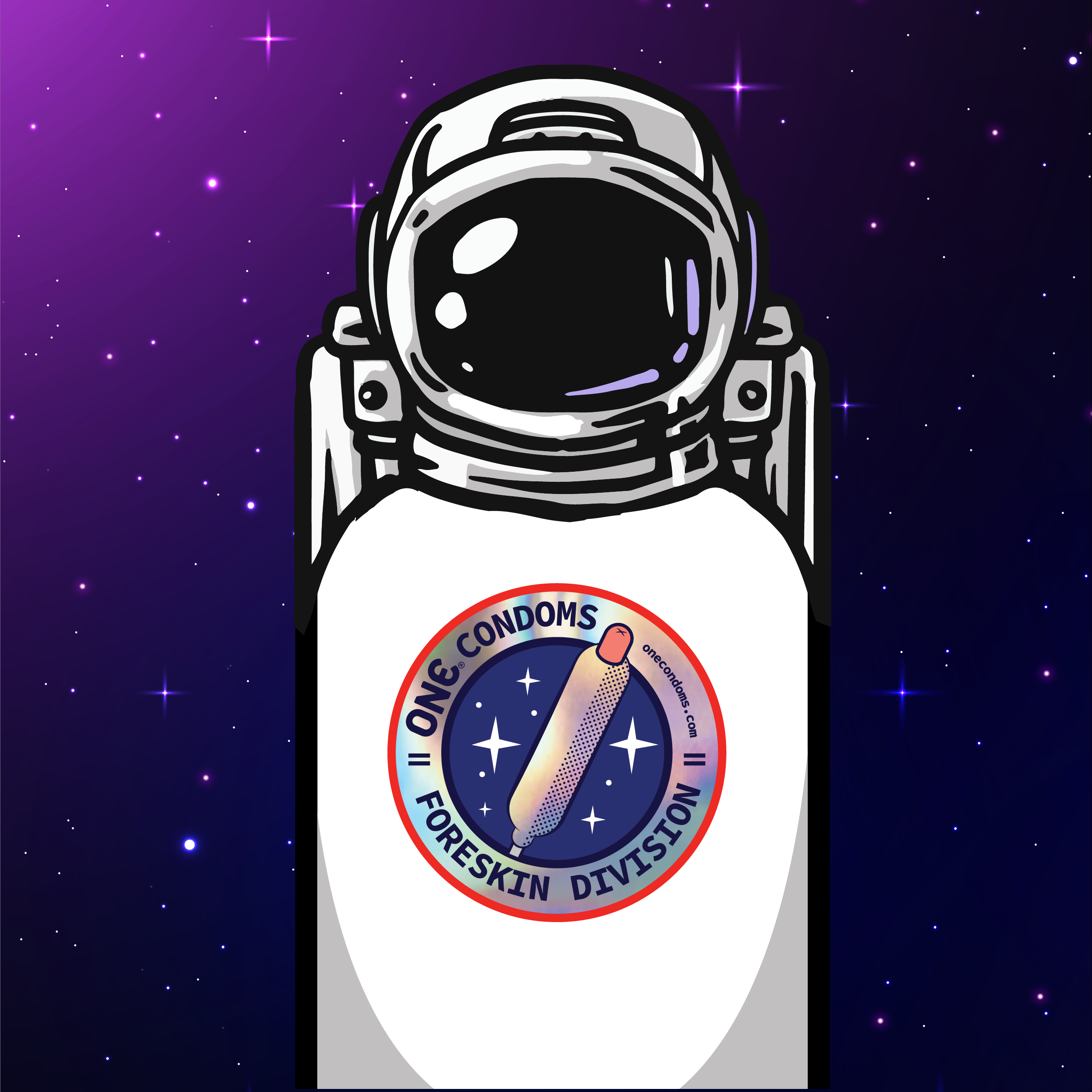 Astronaut with one condom logo on his chest.