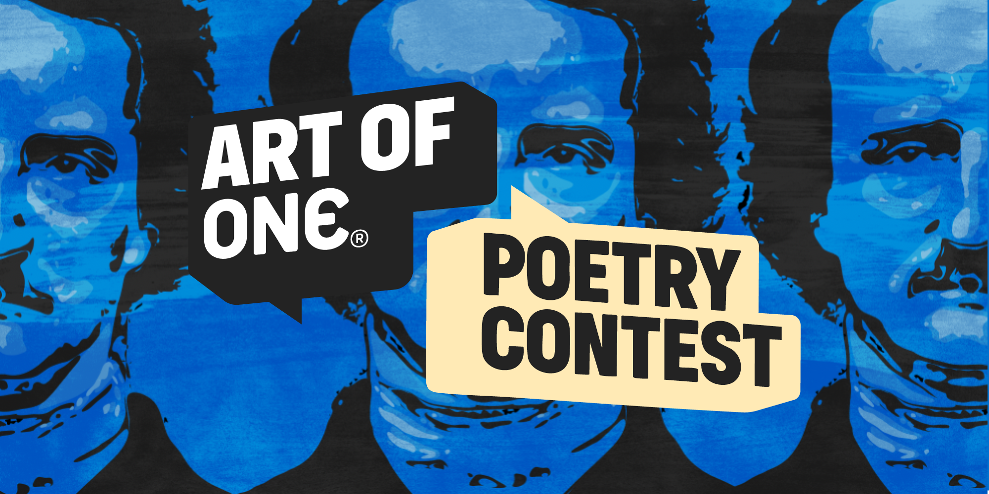 A bold logo overload on a blue and black background. The logo reads “Art of ONE® Poetry Contest” with “Art of ONE®” in white text on a black speech bubble background, and “Poetry Contest” in black text on a light tan speech bubble background. The speech bubbles are arranged in a way so it looks like the two phrases are in conversation with each other. The background is a repeating stylized image of Edgar Allan Poe’s head and shoulders, with the main details in black and the softer details in varying shades 