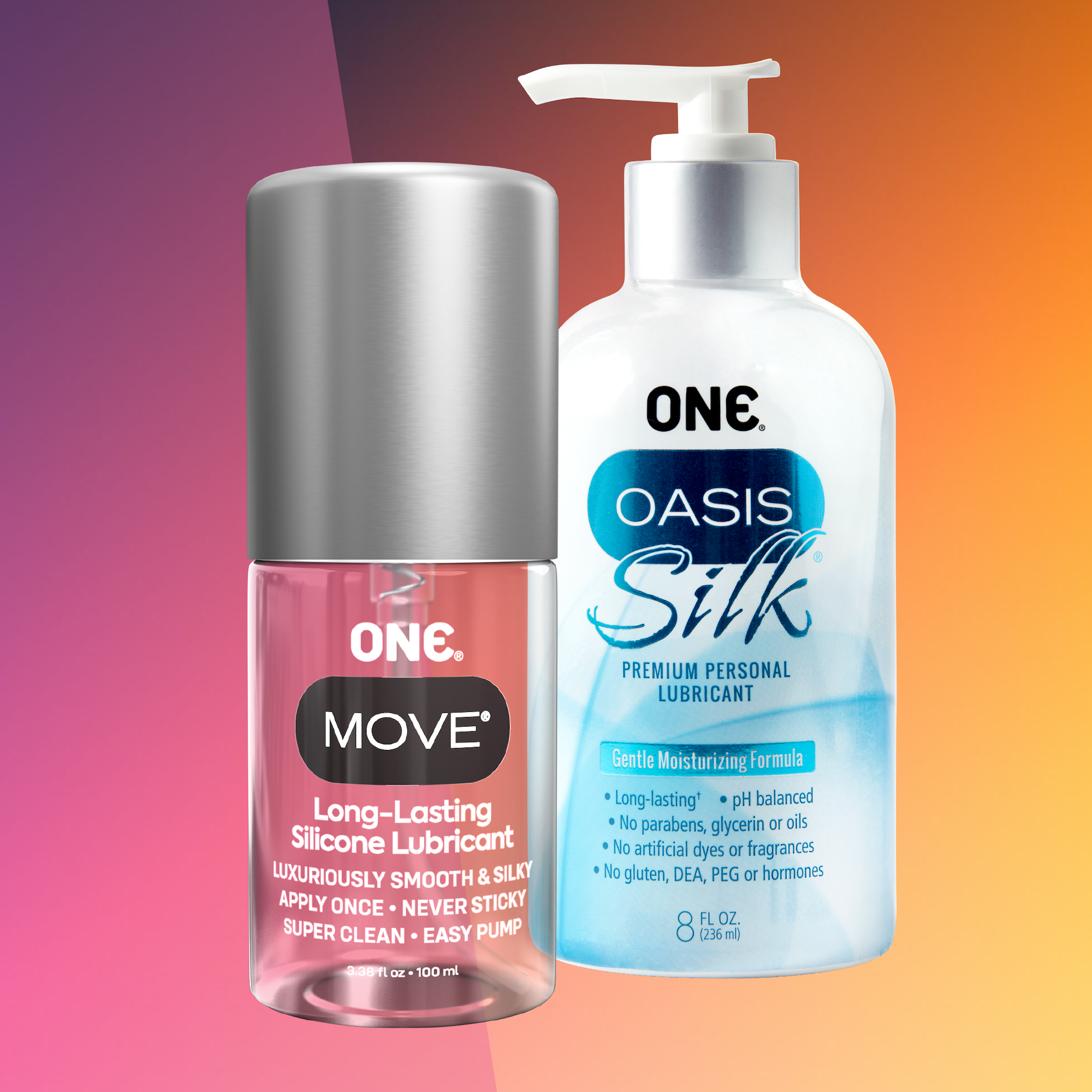 Image of ONE Move lubricant and ONE Oasis Silk lubricant on a pink and orange background. 
