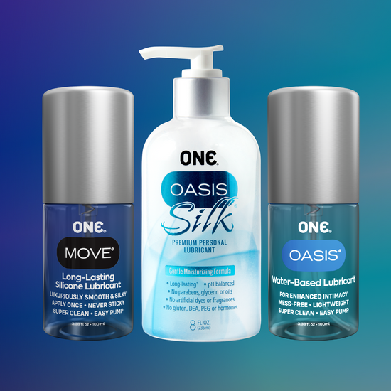 Image of Move, Oasis Silk, and Oasis lubricants on a blue gradient background. 