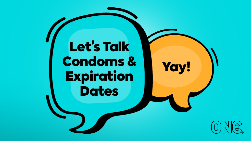 A teal background with a speech bubble in yellow that says let's talk about condoms and expiration dates