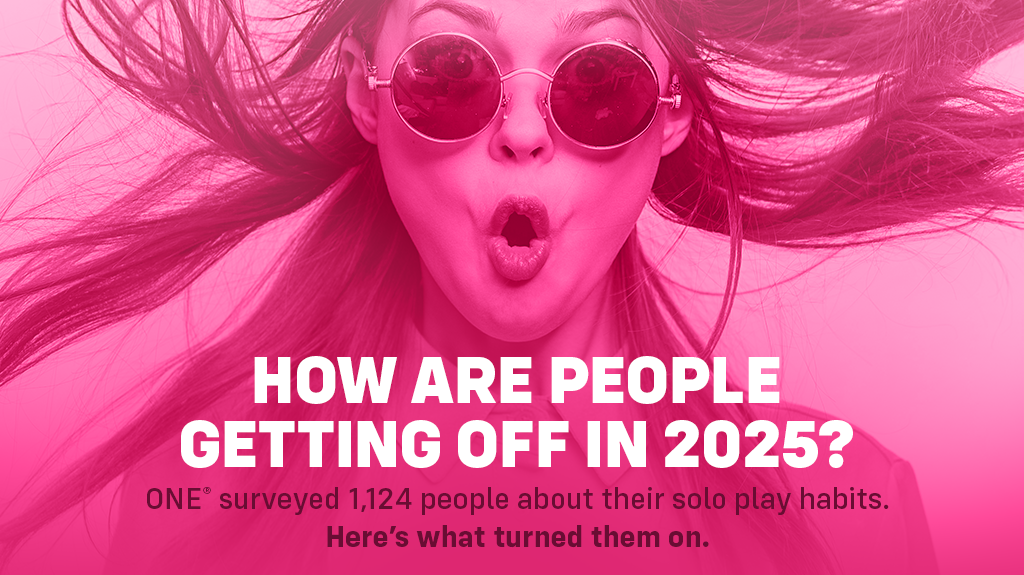 A photo that's in pink hue with a woman's face making an O-Face in the back, with text: How are people getting off in 2025?