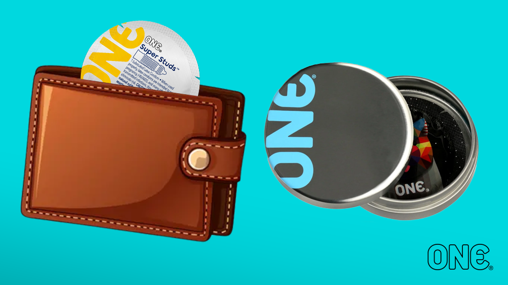 A teal background. On the left side is a round ONE condom wrapper coming out of a wallet. On the right side is a round ONE wrapper inside a metal condom carrying case.