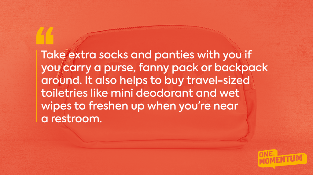 Image of the ONE Aqua belt bag with a text overlay offering tips on staying fresh in hot weather, such as bringing extra socks and underwear