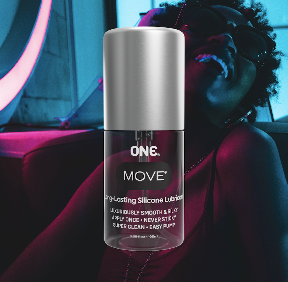 Image of ONE Move lubricant. Person laughing in background. 