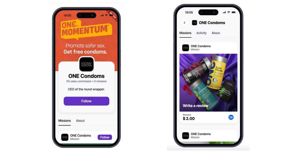 ONE Condoms Momentum Loyalty Program Is now Available as an app. The image has two images of iPhones with examples what Momentum looks like.