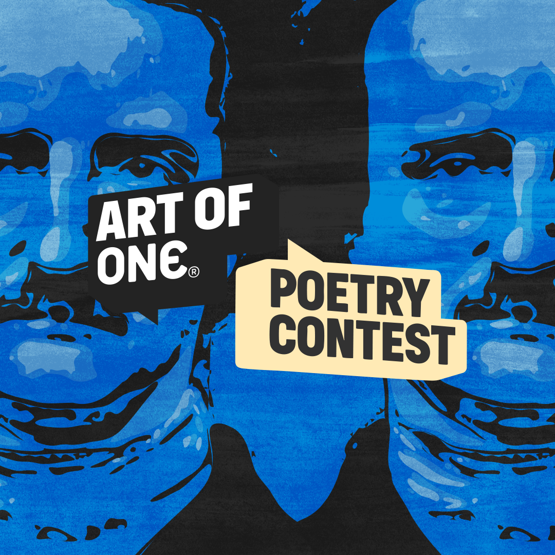 A blue background with two images of Edgar Allen Poe. Also says Art of ONE Poetry Contest in a logo.