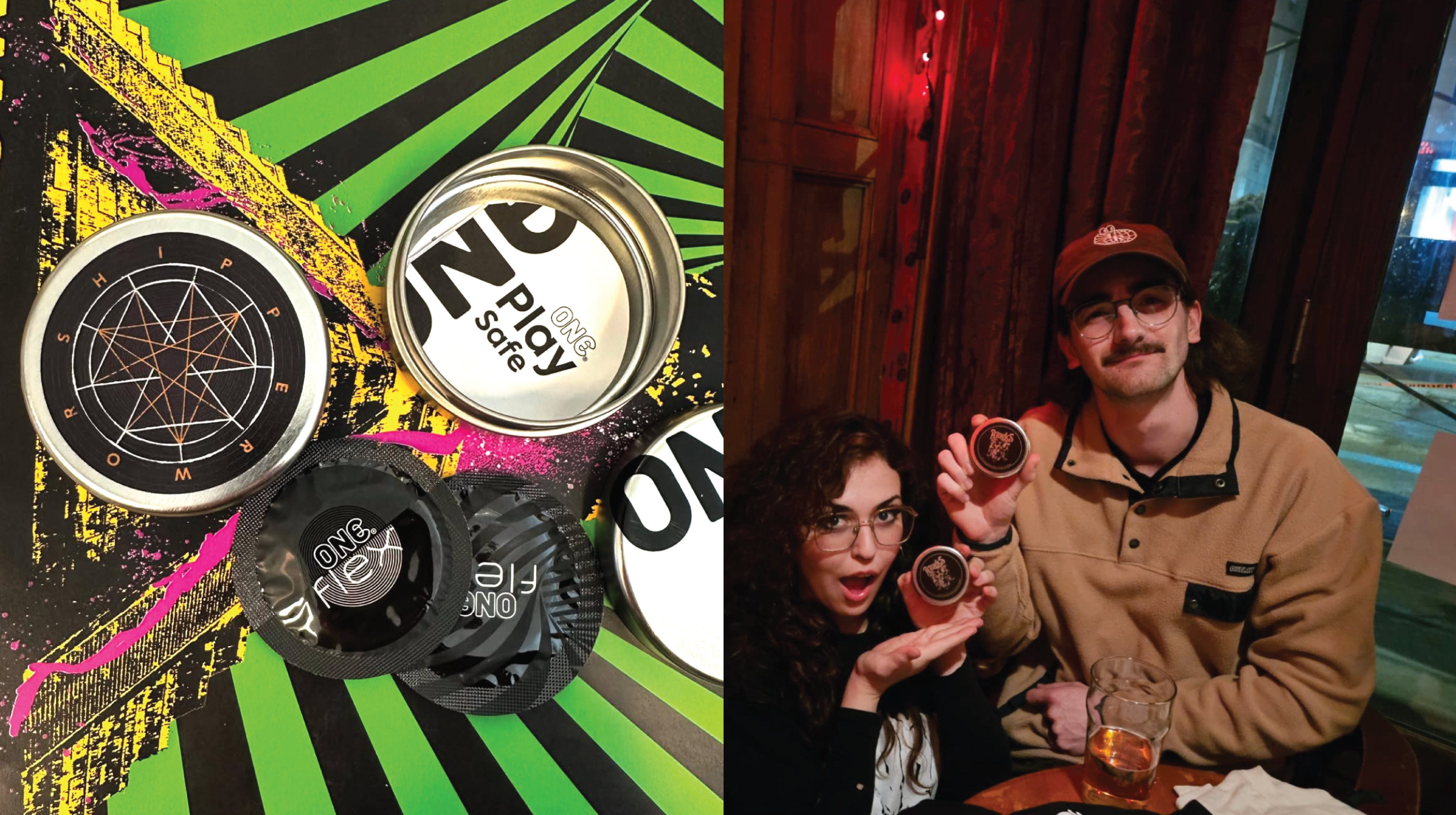 On the left, an open ONE® on Stage tin shows geometric artwork for the band Worshipper and the ONE® Flex® condoms inside the tin, on a bright green and black zigzag background. On the left, two young people in a bar show off their ONE® on Stage tins.